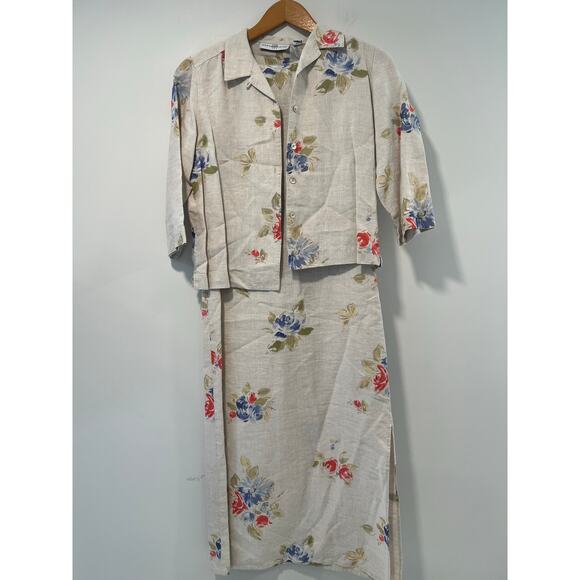 Marisa Christina 100% Linen 2 Piece Dress Jacket Cream Pink Blue Floral Small JL - Picture 1 of 12